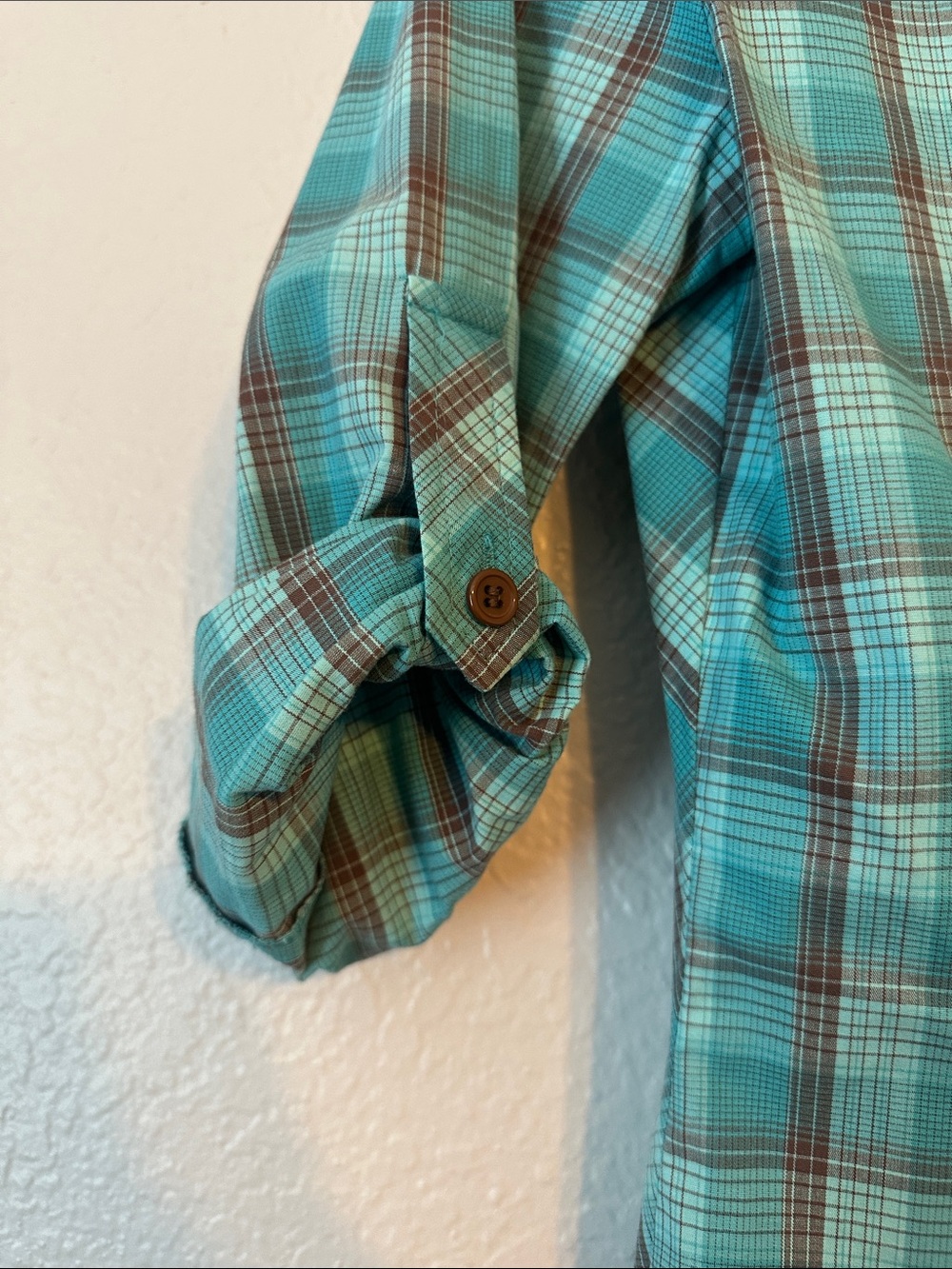 FANG Plaid Button-Up Shirt in Teal and Brown with bedazzle! - Picture 5 of 8